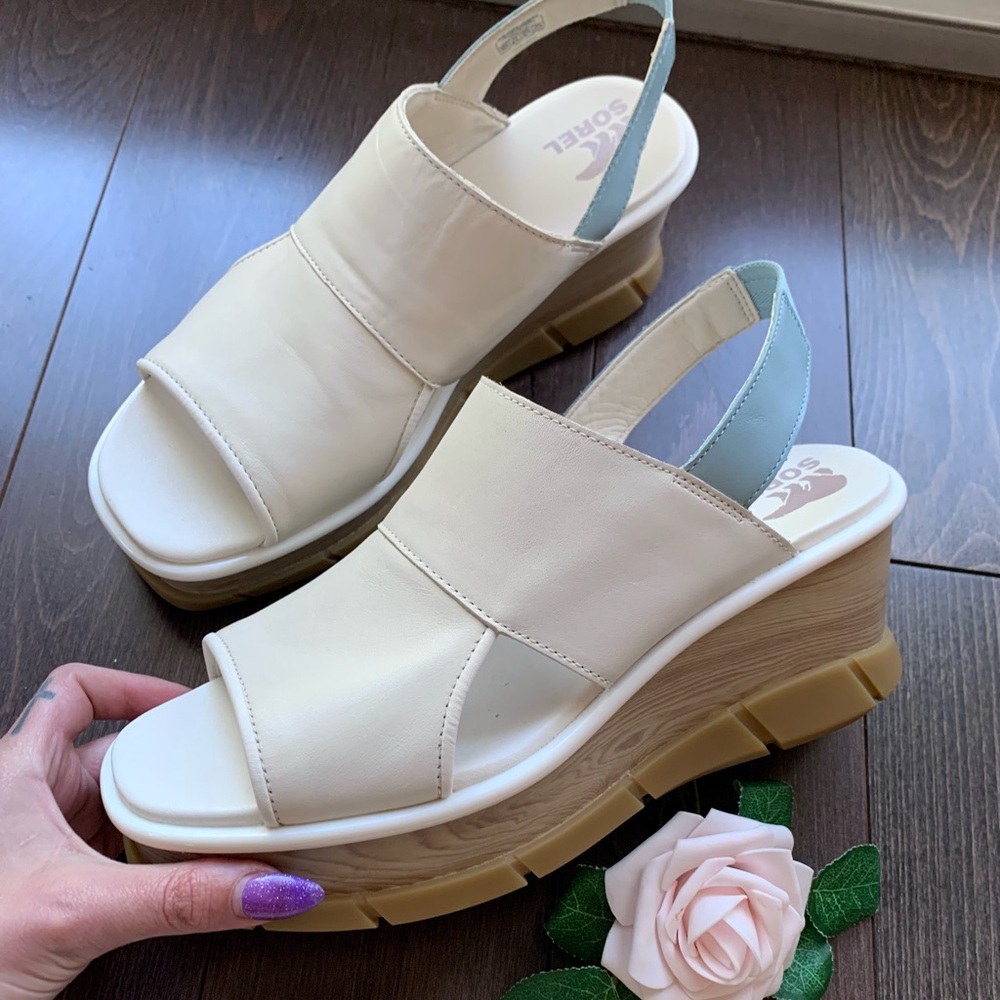 Sorel Women's Joanie III Cream White and Blue Platform Wedge Slingback Sandals
